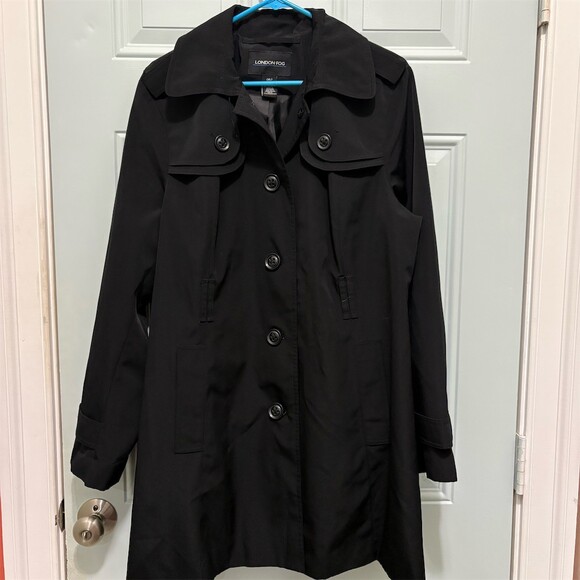 London Fog Jackets & Blazers - London Fog Trench Coat Womens XL Black Short Button Front Shoulder Pads